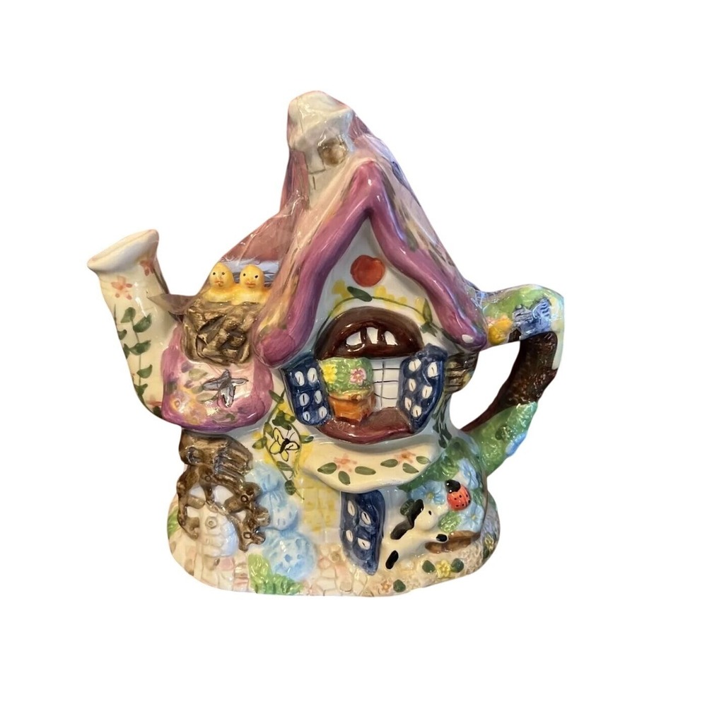Vintage Ceramic Cottage Teapot With Floral & Animal Details hand painted L.R